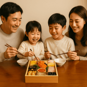 博多久松のおせちを囲む4人家族の団らん風景｜幼児と小学生の子どもと一緒に楽しむ2025年版おせち料理