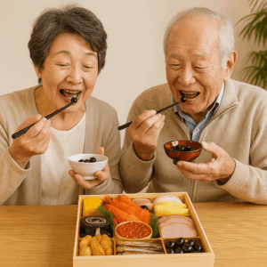 博多久松のおせちを囲み、黒豆を食べて笑顔になるおじいちゃんとおばあちゃん｜2025年のお正月を楽しむシーン