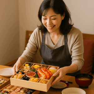 匠本舗のおせちを家族の食卓に並べる母親。2026年のお正月を彩る人気のおせち料理