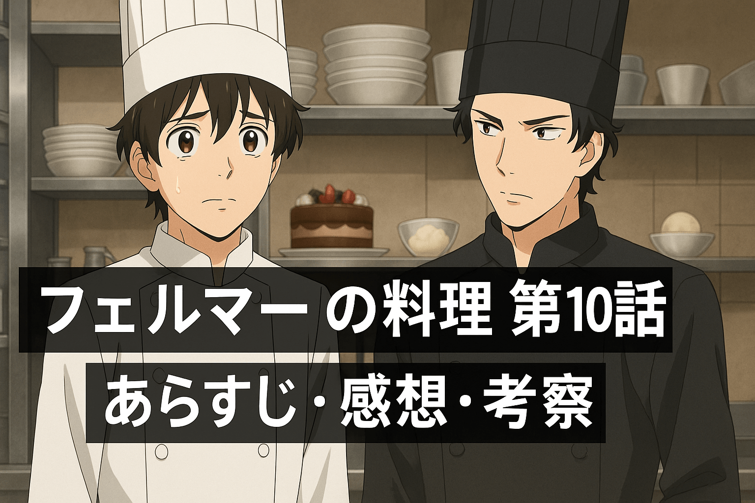 フェルマーの料理 10話のアイキャッチ｜岳と海が白と黒のコック服で向き合う感動シーンのイメージ