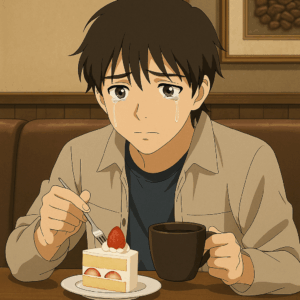 フェルマーの料理 10話｜岳がカフェで紅茶とイチゴのショートケーキを前に涙するシーンのイメージ