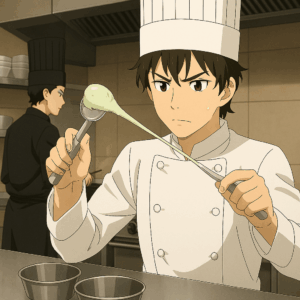 フェルマーの料理 10話｜岳がアイスの課題に挑む厨房シーン。海が後ろから見守る緊張感ある場面