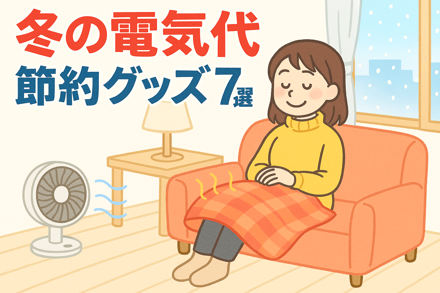 冬の電気代を抑える節約グッズを使って暖かく過ごす一人暮らし女性のイラスト