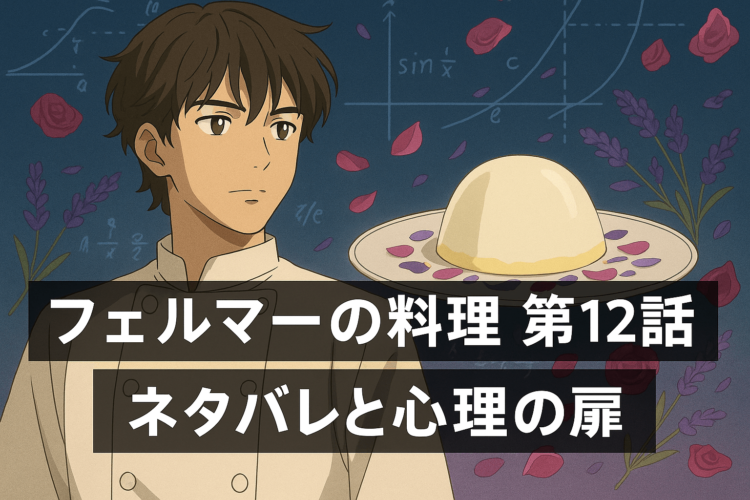 フェルマーの料理12話のキービジュアル。岳とブランマンジェの周りに数式と花びらが舞い、数学と感情の融合を表現している。