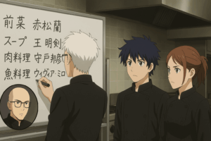 フェルマーの料理 9話のあらすじ。海がホワイトボードに授賞式メニューの担当者を書き出し、北田岳と赤松蘭菜がその発表を真剣な表情で見守るシーン。広瀬の顔写真も添えられている。