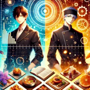 アニメ『フェルマーの料理』のキャラクター2人が料理と数式の世界を象徴するビジュアル。冷静と情熱を対比しながら評判を可視化。