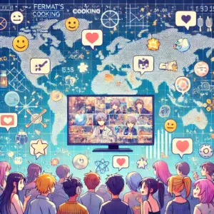 アニメ『フェルマーの料理』を視聴する世界中のファンたちを描いたイラスト。SNSのリアクションや感想が地図上に可視化されている。