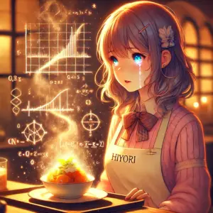 アニメ『フェルマーの料理』のキャラクター・ひよりが、湯気に浮かぶ数式を感動しながら見つめるシーン。共感と余韻を象徴する感情的なイラスト。