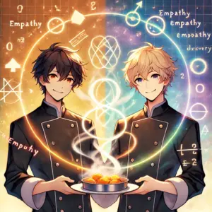 アニメ『フェルマーの料理』の主要キャラクター2人が料理と数式を通じて共感し合うシーン。作品の魅力が温かく表現されたビジュアル。