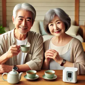 日本人の高齢夫婦が自宅のテーブルでお茶を楽しむ様子。そばには血圧計が置かれており、敬老の日の健康グッズプレゼントとして安心と快適さをイメージさせる光景。