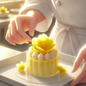 岳が作った黄色い花のデザート（フェルマーの料理）のクローズアップ