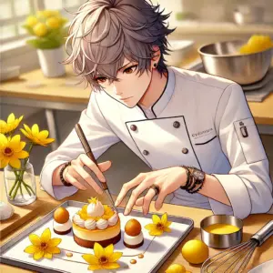 厨房で黄色いデザートを盛り付ける岳（フェルマーの料理）