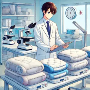 複数の布団乾燥機を比較検証する白衣の専門家。実験器具が並び、ダニ退治効果を科学的に分析している様子。
