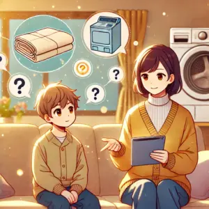布団乾燥機に関する疑問について話し合う親子の様子。Q&Aセッションで情報が整理されることを示唆。