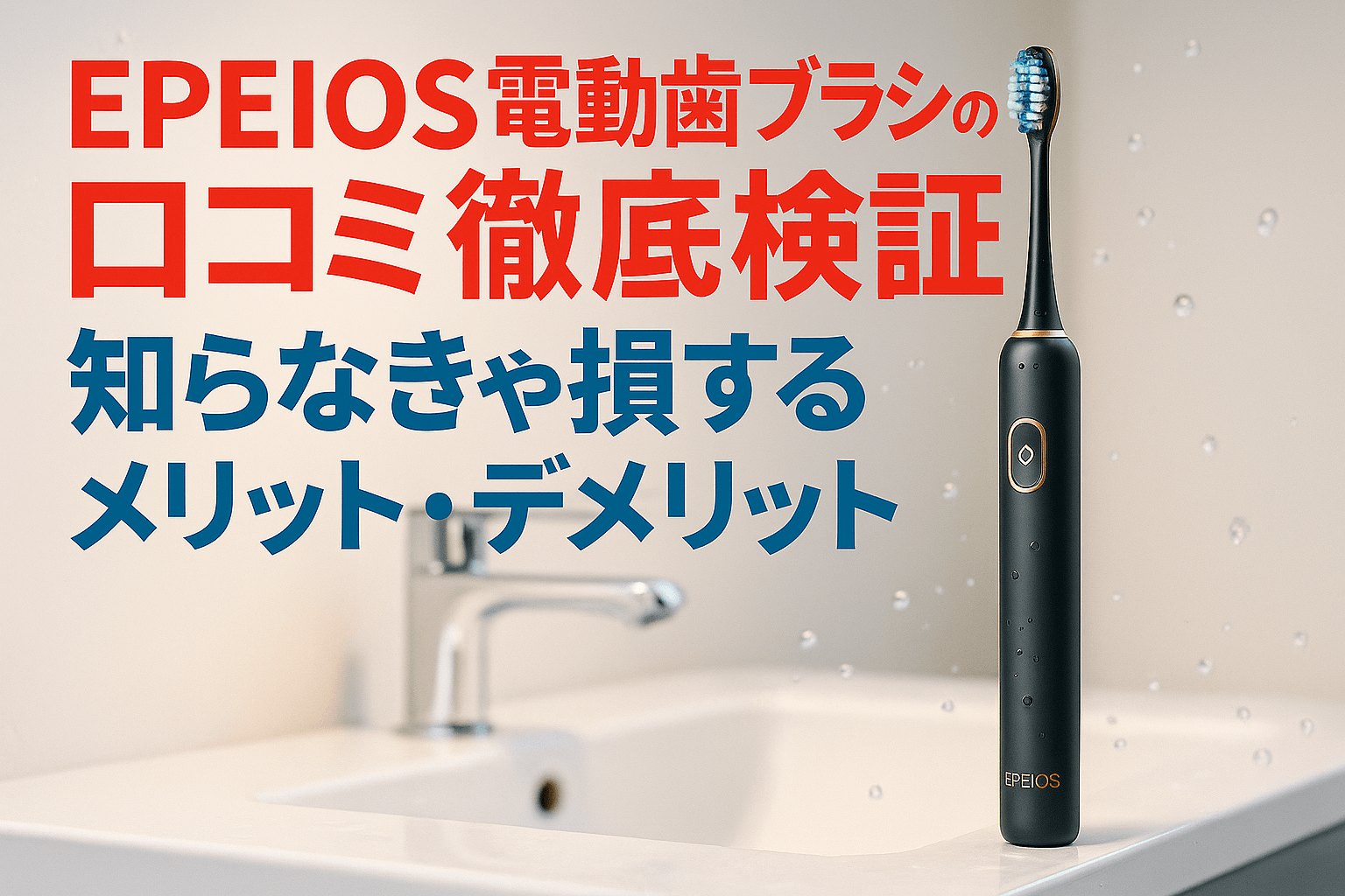 EPEIOS電動歯ブラシが置かれたモダンな洗面台のクローズアップ。水滴が飛び散り、清潔感と爽快感を演出。