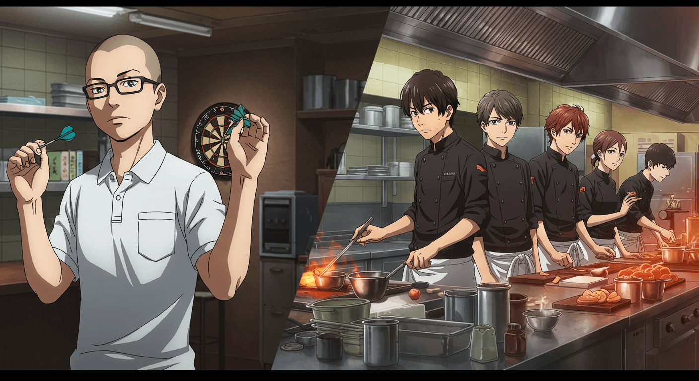 フェルマーの料理 9話のアイキャッチ画像。広瀬一太郎がダーツを持つ姿と、北田岳、赤松蘭菜、海たち「K」のシェフたちが厨房で料理する様子が並列に描かれており、ドラマの対比と展開を象徴している。