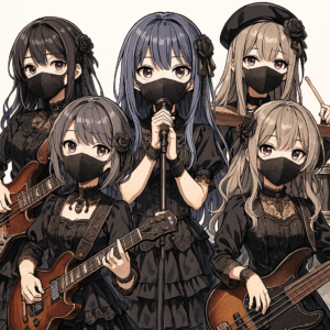 Ave Mujicaのメンバー5人が黒い衣装とマスクで並ぶアニメ風イラスト。なんJでも話題のゴシックな雰囲気を表現。