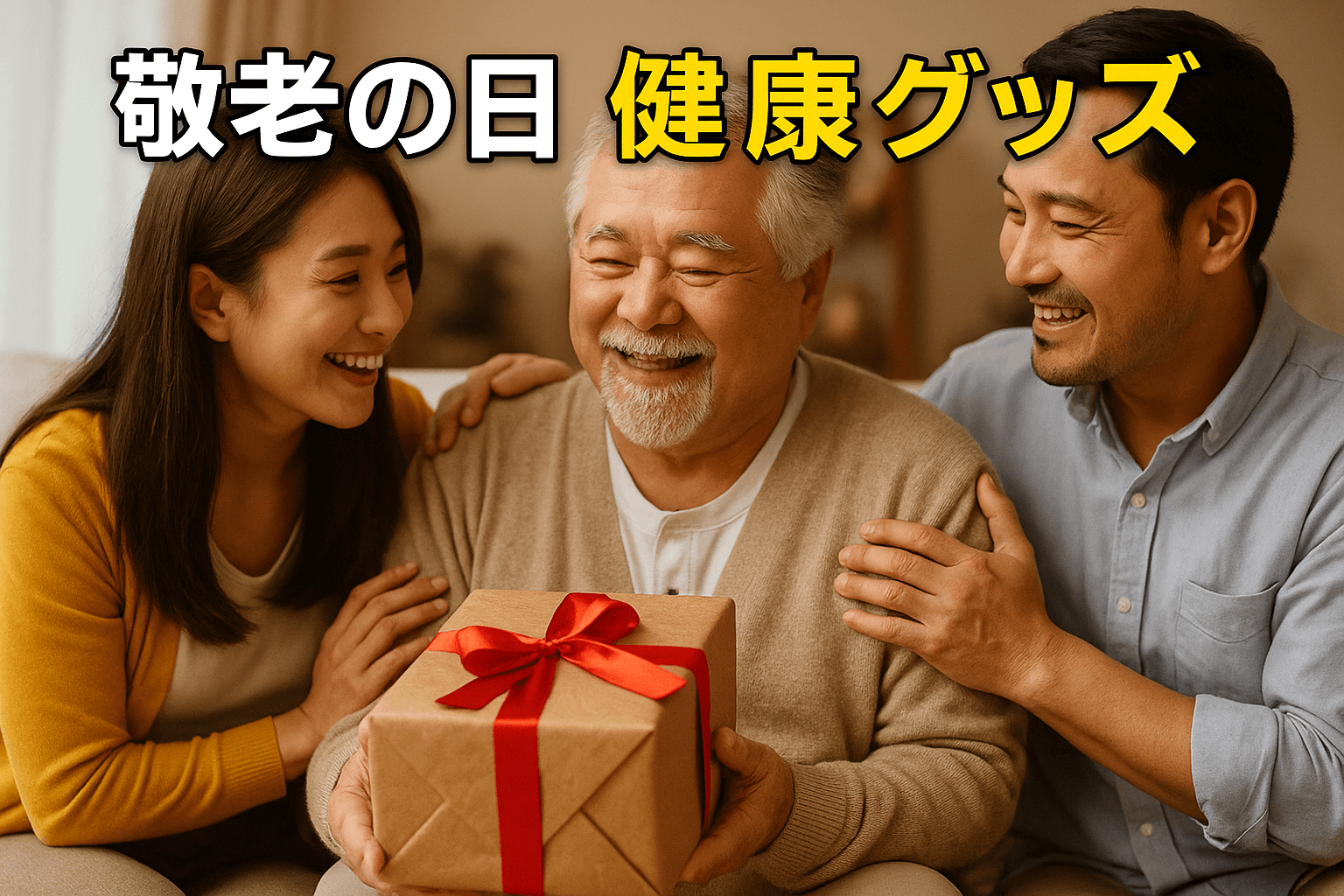 敬老の日に贈る健康グッズのプレゼントシーン。孫から枕サイズのギフトを受け取って笑顔になるおじいちゃんとおばあちゃん。家族の温かい雰囲気を描いたアイキャッチ画像。
