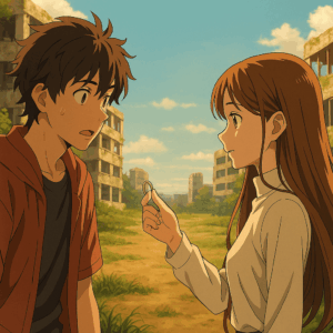 永久のユウグレ2話のあらすじ。廃墟の中でユウグレがアキラに指輪を差し出すシーン。