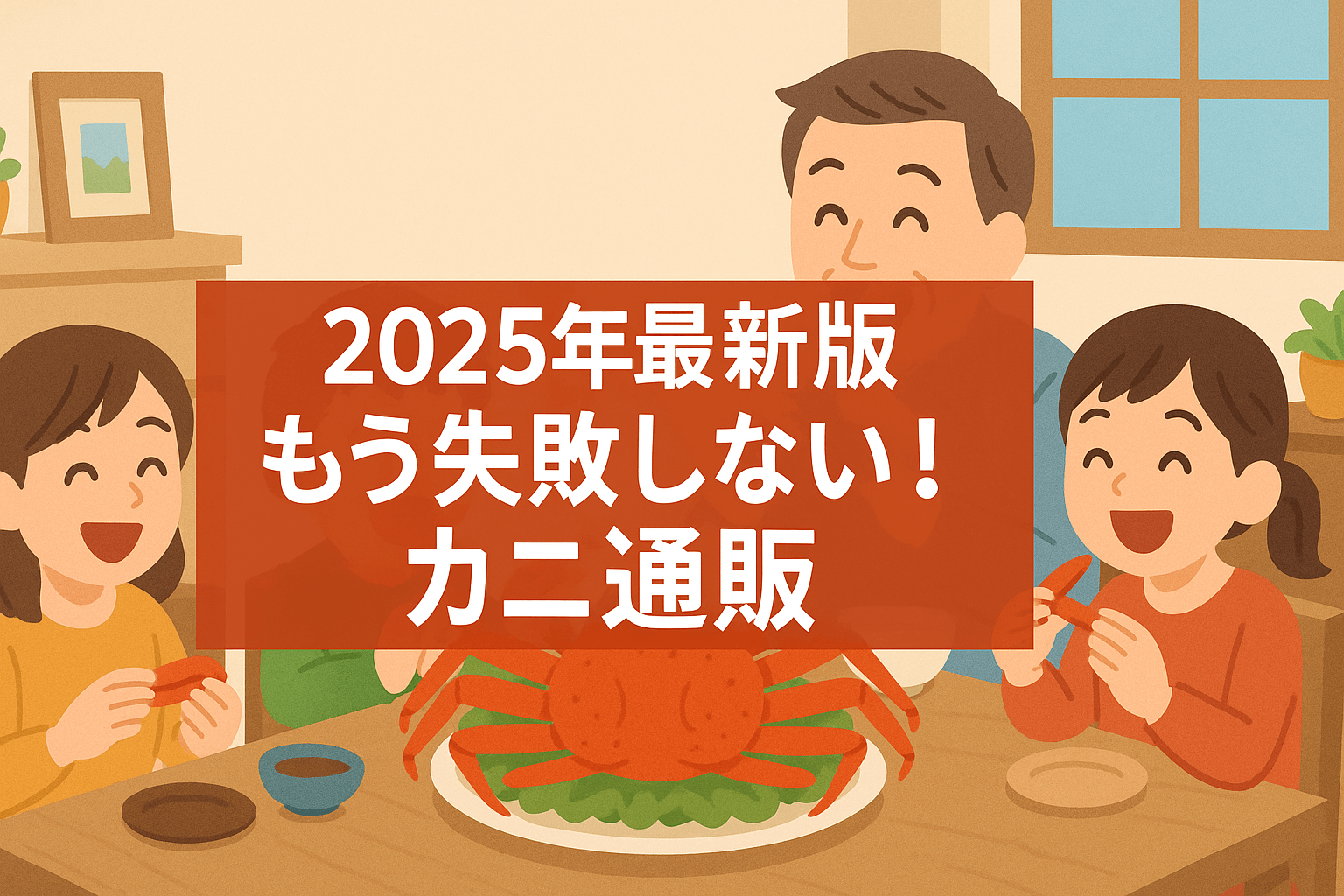 2025年最新版　もう失敗しない！カニ通販。家族が食卓で笑顔でカニを食べているアニメ風イラスト。温かい照明の下、大きなカニを囲んで楽しそうに団らんしている様子。通販で届くカニの美味しさと家族の幸せを表現。