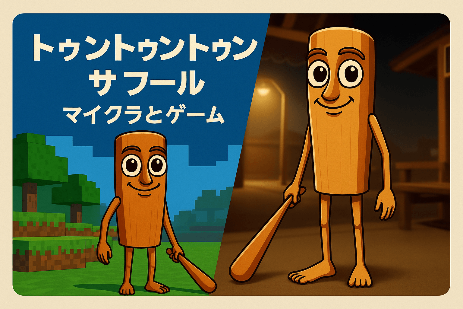 トゥントゥントゥン サ フールをイメージしたキャラクターが、ゲーム風の背景に立つ様子。マイクラと融合した世界観で、ポップでミステリアスな雰囲気が漂う。