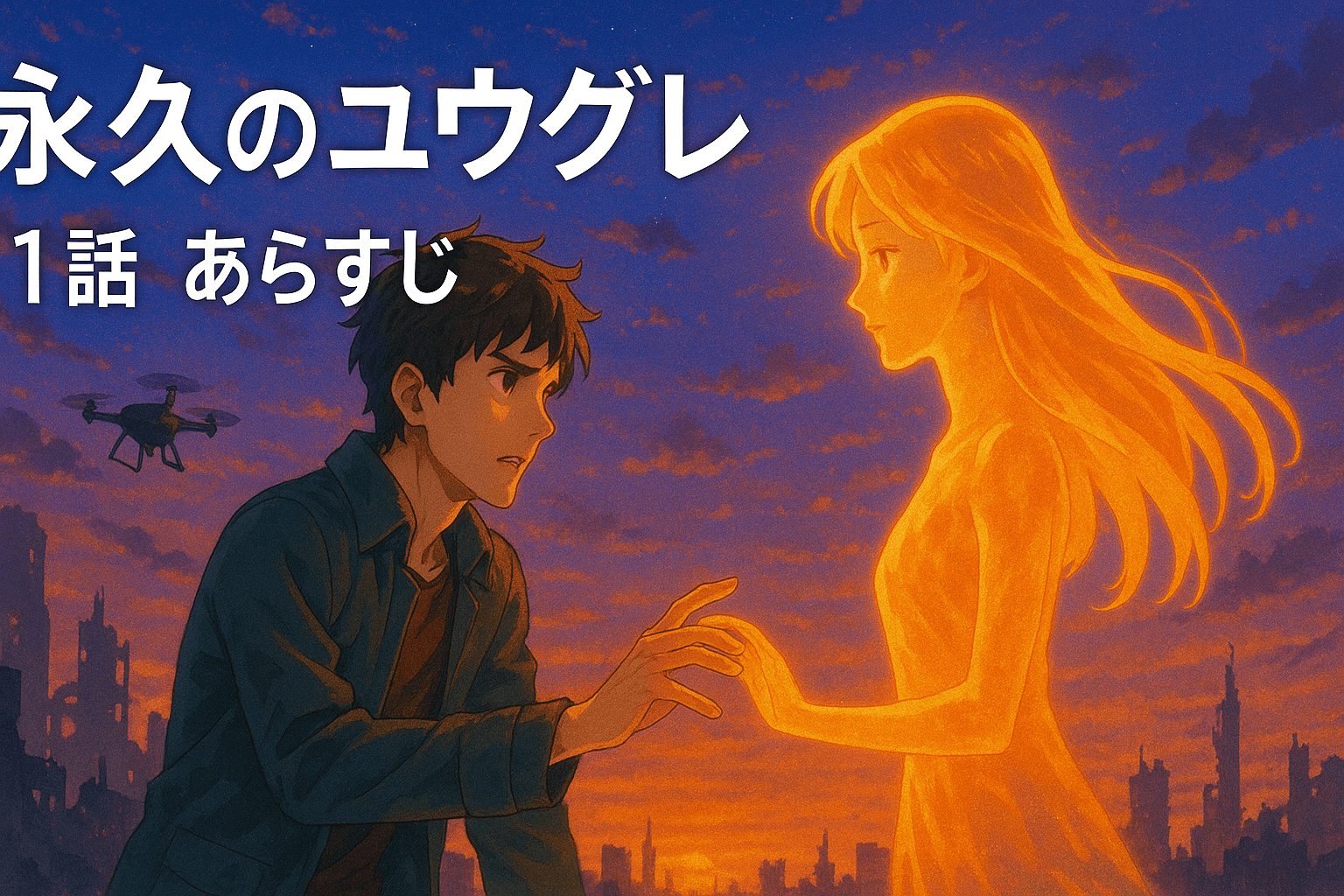 『永久のユウグレ』1話あらすじのアイキャッチ。夕暮れの光に照らされる少年と少女、そして遠くに見える未来都市のシルエットが感情豊かな世界観を表現。