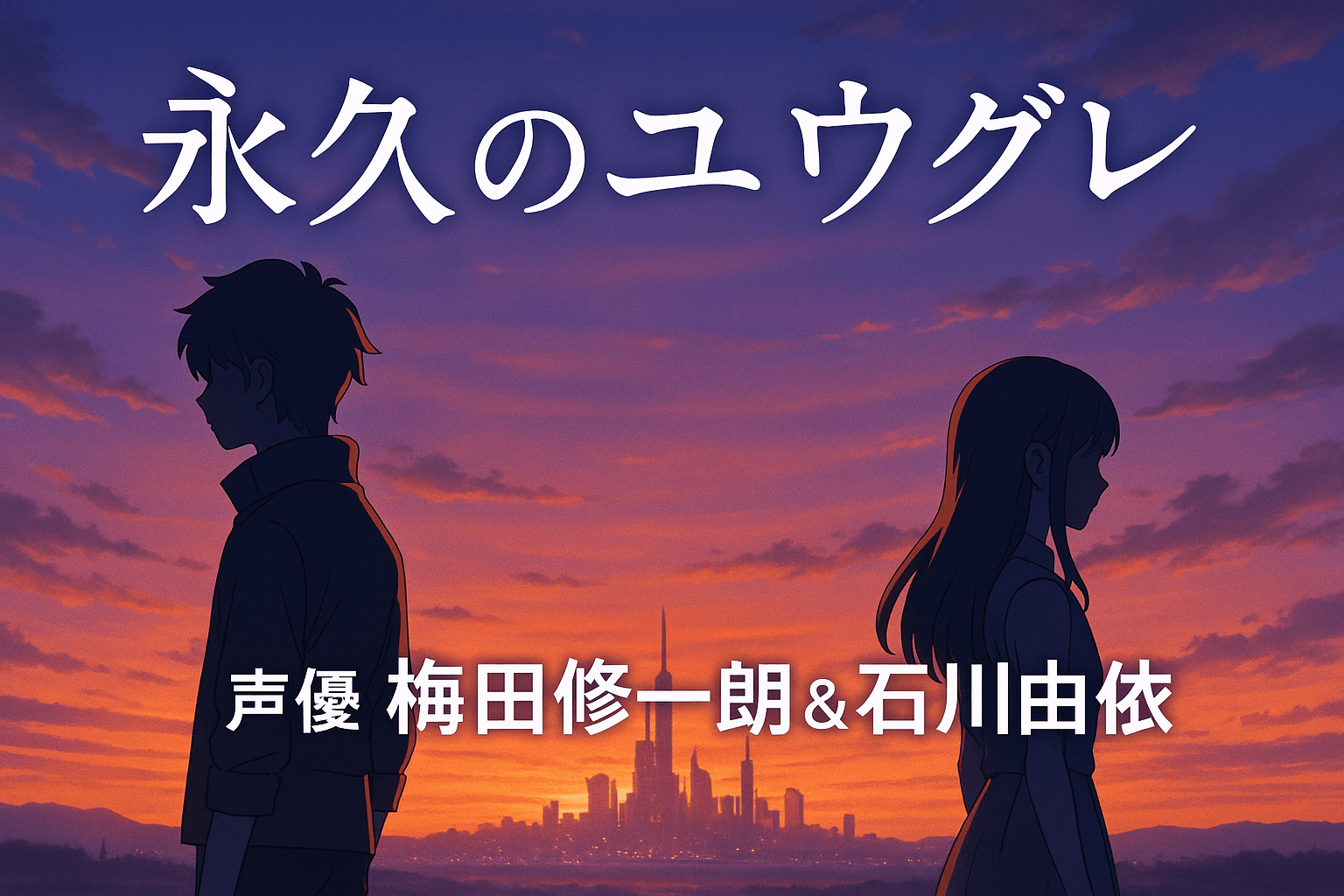 未来の夕暮れを背景に立つ男女のシルエット。「永久のユウグレ」の世界観を象徴。