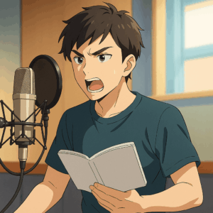 「永久のユウグレ」マイクの前で熱演する男性声優。台本を閉じ、自身の感情と向き合う様子。