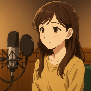 「永久のユウグレ」マイクの前で相手役を見つめ、寄り添う演技をする女性声優。