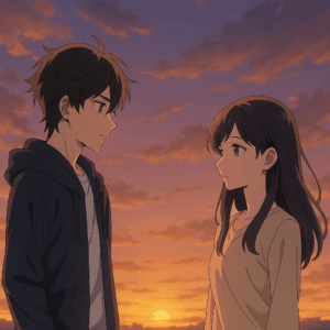 「永久のユウグレ」夕焼け空の下、微妙な距離感を保つ二人。作品の重要な要素である「空気感」を象徴。