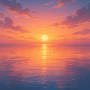 「永久のユウグレ」夕暮れの水面に反射する光。作品のテーマである「余韻」や「静かな感動」を象徴。
