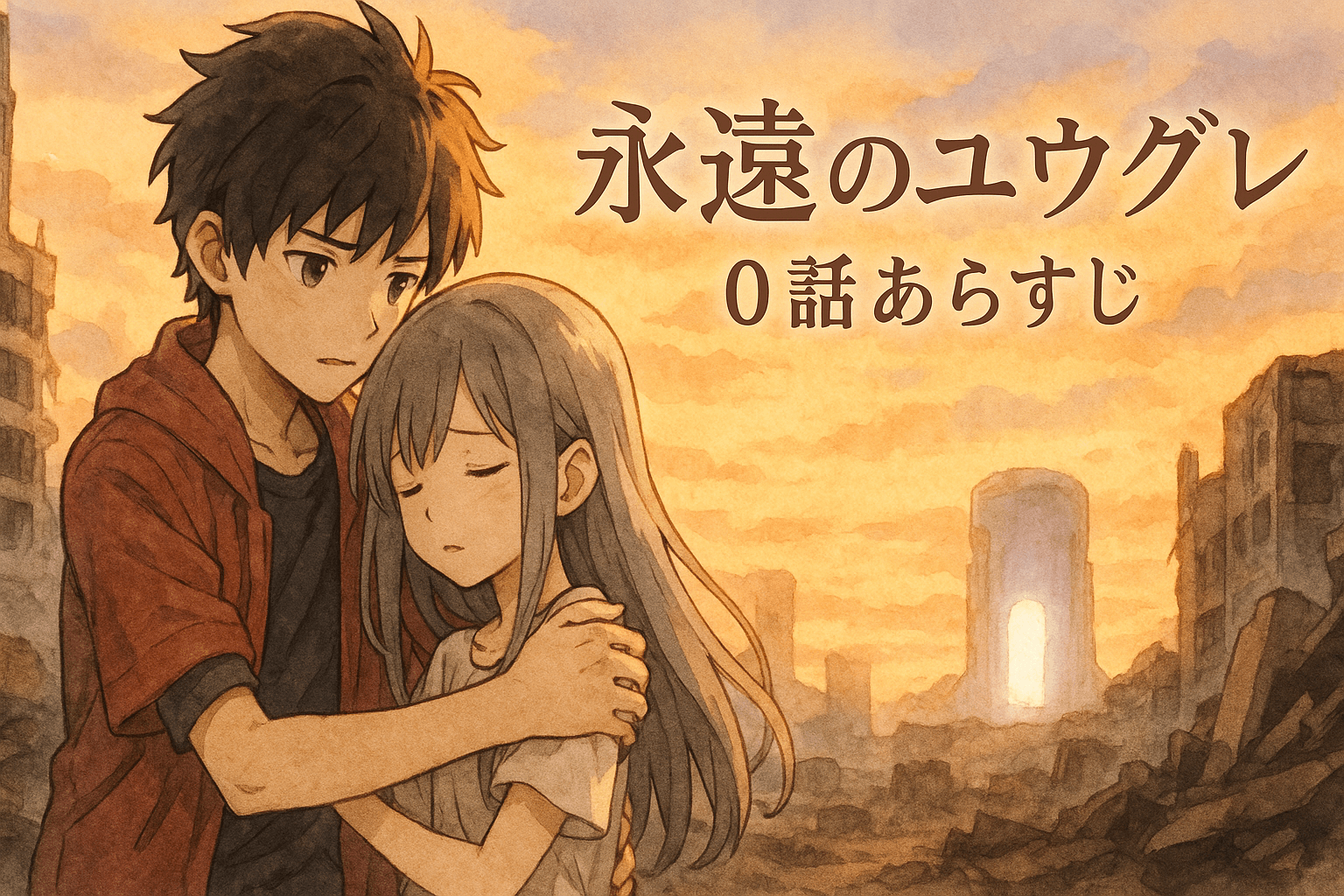 永遠のユウグレ0話：銃撃から互いを守り合うアキラとトワサ、そして遠くに見える未来への希望