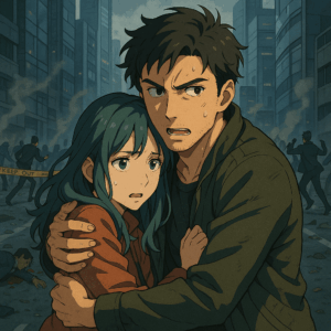 永遠のユウグレ0話：銃撃からトワサを庇い膝をつく青年アキラと、彼に手を伸ばすトワサ
