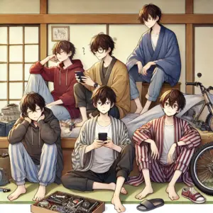 おそ松さん 4期 1話 ネタバレ — 和室でそれぞれの朝を過ごす六つ子たち。パジャマ姿で眠る者、スマホを触る者、バイクの部品をいじる者など、静かな日常にキャラクターの個性がにじむ場面。