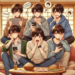 おそ松さん 4期 1話 ネタバレ — 和室のリビングに集まる六りませんつ子たち。スマホを眺めて笑う者、戸惑った表情の者、穏やかに微笑む者など、SNS上のファンの反応に対してそれぞれ異なるリアクションを見せる日常風景。