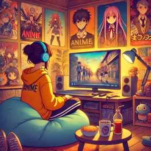おそ松さ４期1話のアニメを視聴している人物がヘッドホンをつけて、リラックスした部屋でノートパソコンを見ている様子