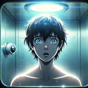 『永久のユウグレ』1話あらすじのイラスト。冷たい光の中で呆然と立ち尽くす姫神アキラ。無機質なドローンが彼を見つめる。