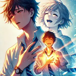 『永久のユウグレ』1話あらすじのイラスト。胸元を抑えるアキラの姿に重なる、かつての少女トワサとの温かい思い出と約束。