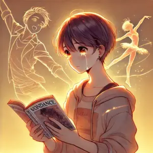 ワンダンスを読んで感動し、涙ぐむ読者の姿が描かれた正方形のイラスト。作品への深い共感が表現されている。