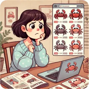2025年最新版のカニ通販をチェックしながら、失敗しないお取り寄せを真剣に選ぶ母親の様子。