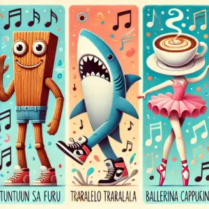 トゥントゥントゥンサフール、3本足のサメ、カプチーノのカップのバレリーナが音符の中で楽しく踊るイラスト