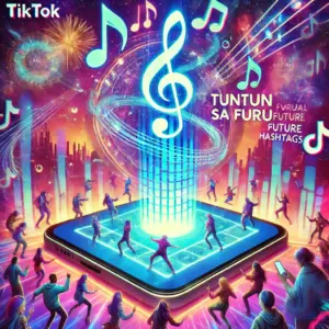 TikTokの未来トレンドを予測する正方形の画像。音符の銀河、流行のハッシュタグ、バイラルダンスチャレンジを表示するスマートフォン、多様な若者たちが描かれ、エネルギッシュで未来的な雰囲気