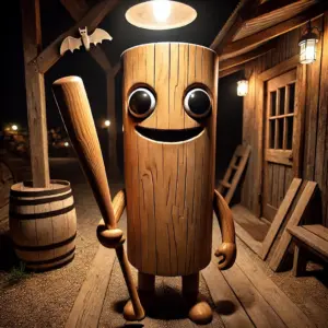 トゥントゥントゥン サ フール風の木製キャラクターが、夜のマイクラ風の街で木のバットを持ち立っているイラスト。ゲーム的でユーモラスな雰囲気が特徴。