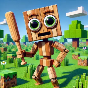 マイクラ風の世界で、トゥントゥントゥン サ フール風の木製キャラクターが楽しそうにポーズを取っているイラスト。ブロック状の草原と青空が広がる明るいゲーム風の雰囲気。