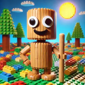 トゥントゥントゥン サ フール風のキャラクターをレゴブロックで再現したイラスト。カラフルなブロックの草原に立つ、笑顔のレゴ人形が木のバットを持ち、明るい青空の下でポーズを取っている。