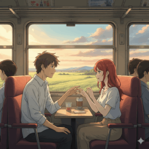 永久のユウグレ』2話あらすじの重要なシーン。列車で旅をするアキラとユウグレ。窓の外には広大な自然が広がり、ユウグレの指には指輪が輝いている。