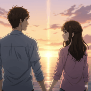『永久のユウグレ』2話あらすじの感動的な場面。夕焼けの海を背景に手を取り合い見つめ合うアキラとユウグレ