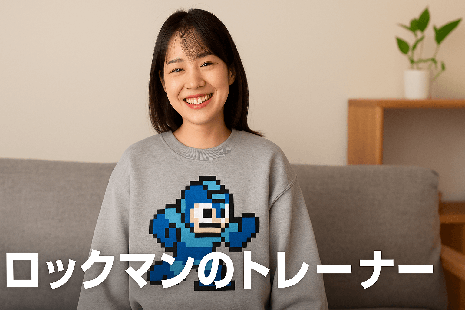 グレーのロックマンのトレーナーを着た女性が、やわらかな光が差し込む部屋で微笑んでいる。胸元にはドット絵風のロックマンがデザインされており、リラックスした雰囲気の中にも懐かしさが漂う。