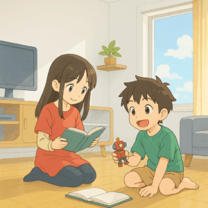 永遠のユウグレ0話：夕暮れの光が差し込むリビングで穏やかに過ごす幼いアキラとトワサ