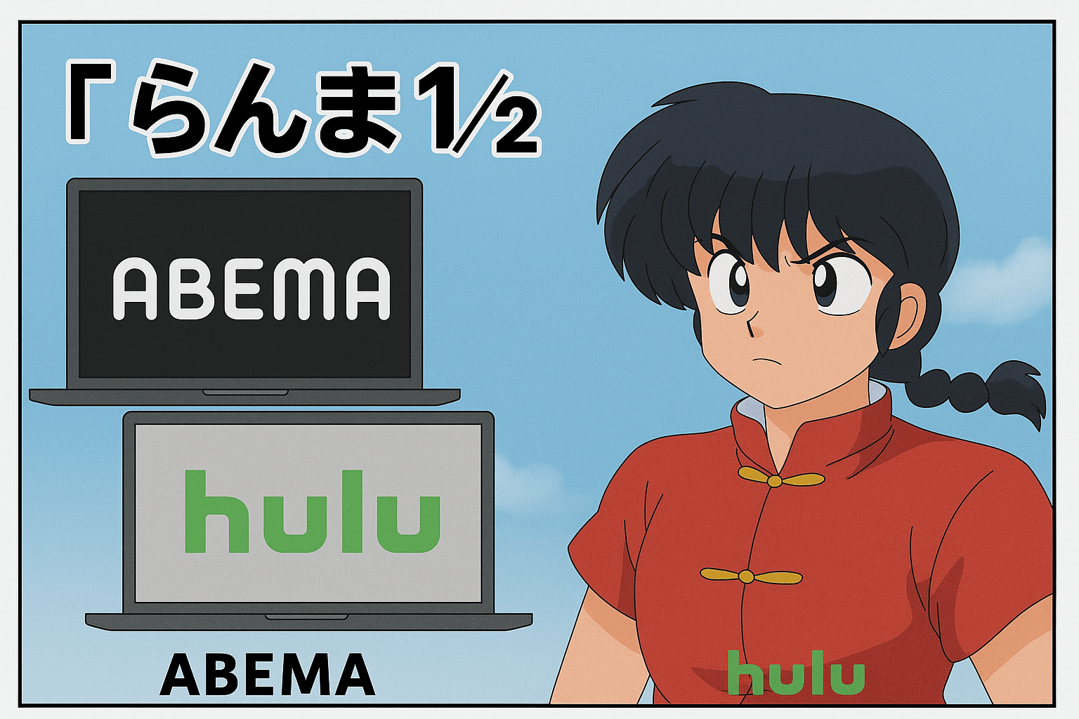 アニメ『らんま1/2』の主人公・早乙女乱馬が、青空の下で真剣な表情をしている。左側にはABEMAとHuluのロゴが入ったノートパソコンが並び、画像全体に白い縁と余白が付けられている。上部に『らんま1/2　ABEMA　Hulu』の文字がシンプルに配置された、比較記事用のアイキャッチ画像。